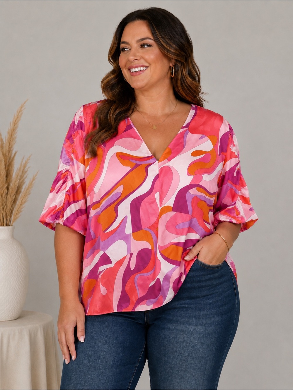 Adrienne plus size Women's Abstract Print V-Neck Short Sleeve Blouse size 3X NWT